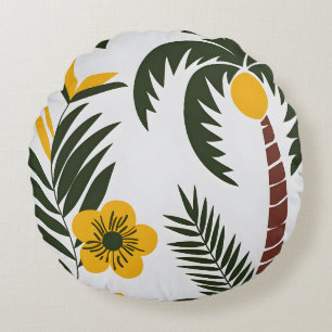 Minimalist Tropical Palm and Floral Pattern Round Pillow