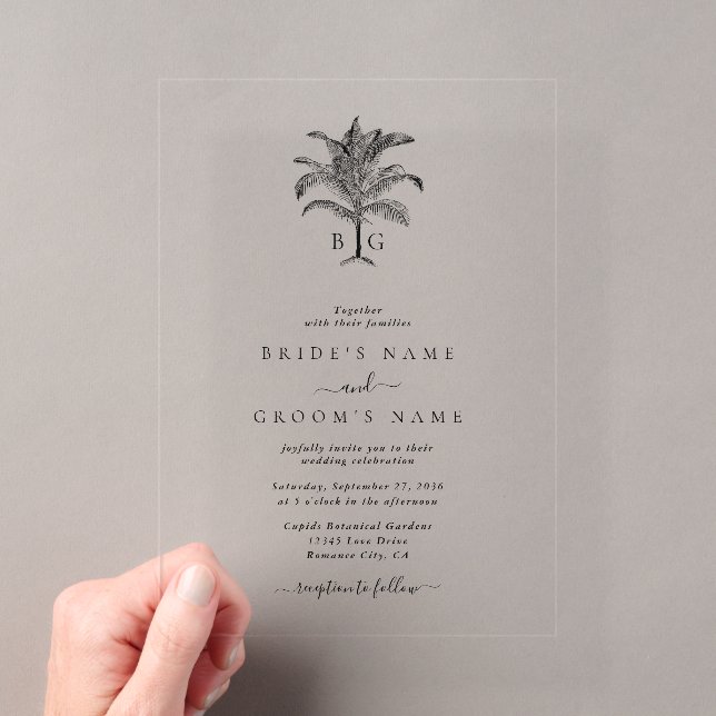 Minimalist Tropical Palm Tree Monogram Wedding Acrylic Invitations (Insitu (Handheld))