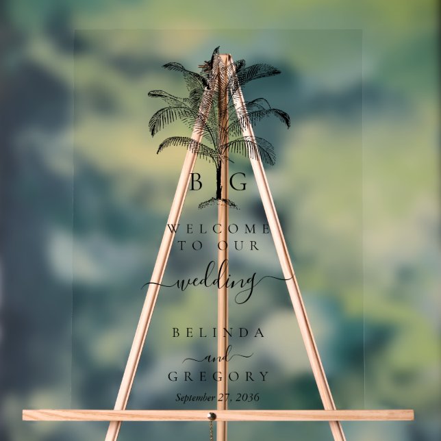 Minimalist Tropical Palm Tree Monogram Wedding Acrylic Sign (Neutral)