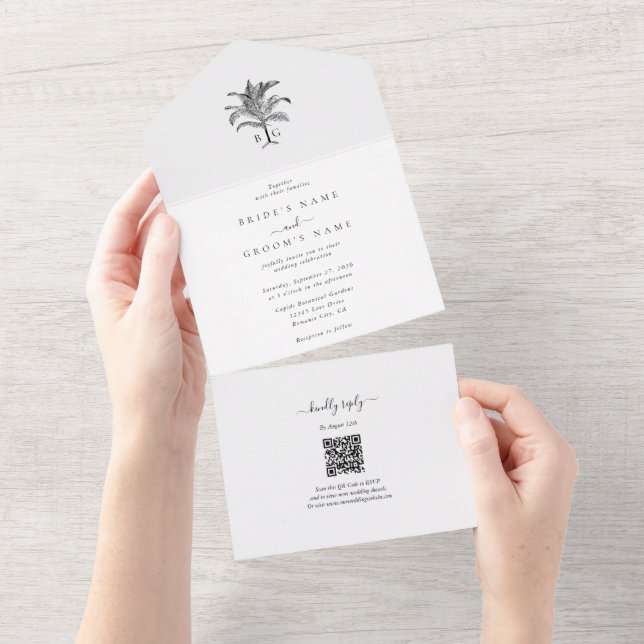 Minimalist Tropical Palm Tree Monogram Wedding All In One Invitation (Tearaway)