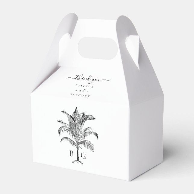 Minimalist Tropical Palm Tree Monogram Wedding Favor Box (Front Side)