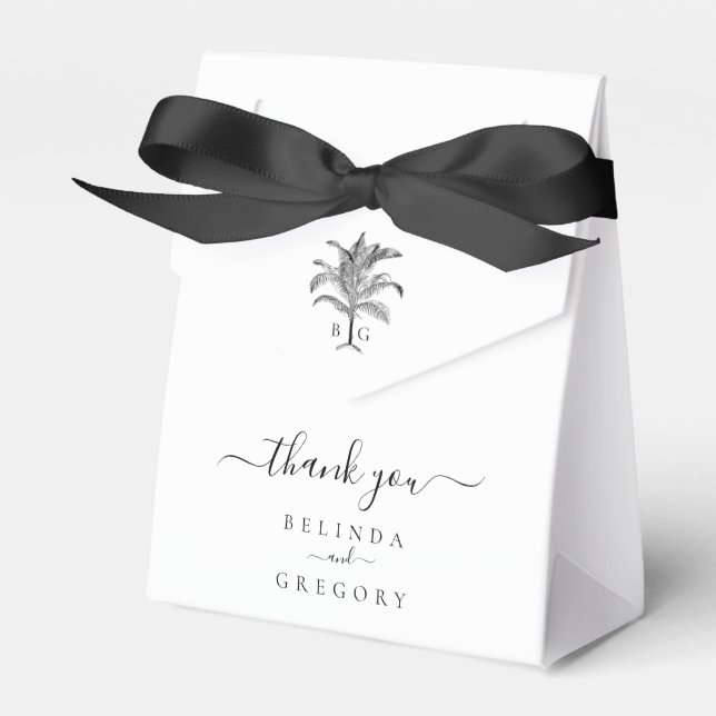 Minimalist Tropical Palm Tree Monogram Wedding Favor Box (Front Side)