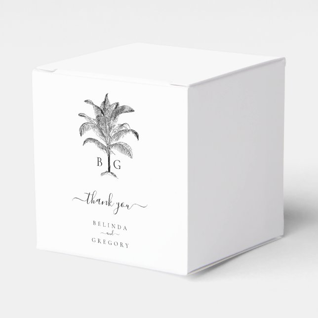 Minimalist Tropical Palm Tree Monogram Wedding Favor Box (Front Side)