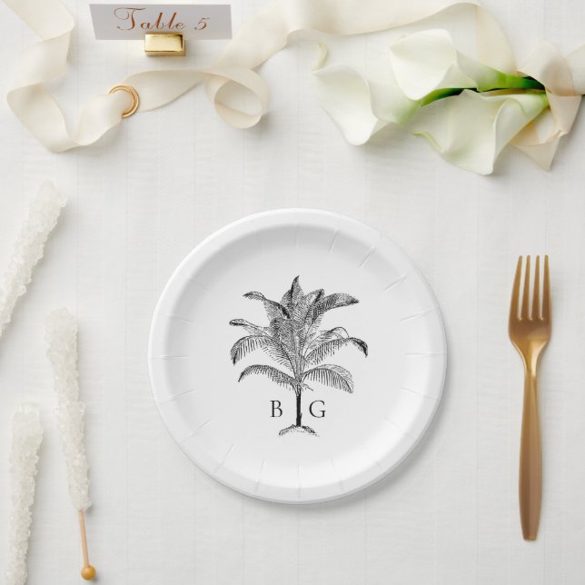 Minimalist Tropical Palm Tree Monogram Wedding Paper Plate (Wedding)