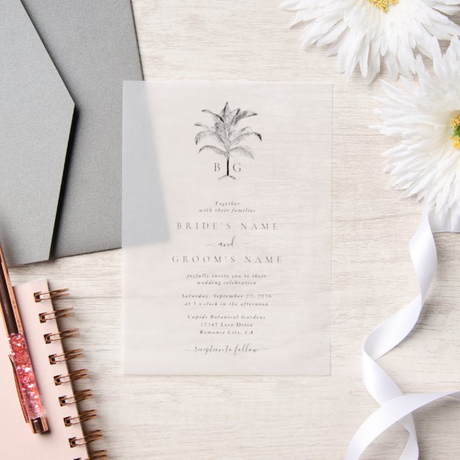 Minimalist Tropical Palm Tree Monogram Wedding Vellum Invitations (Wedding)