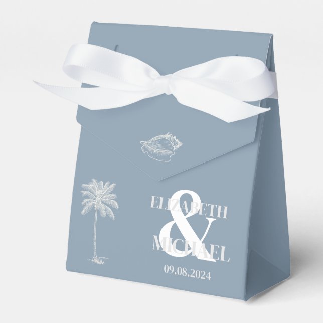 Minimalist Tropical Wedding Dusty Blue Favor Box (Front Side)