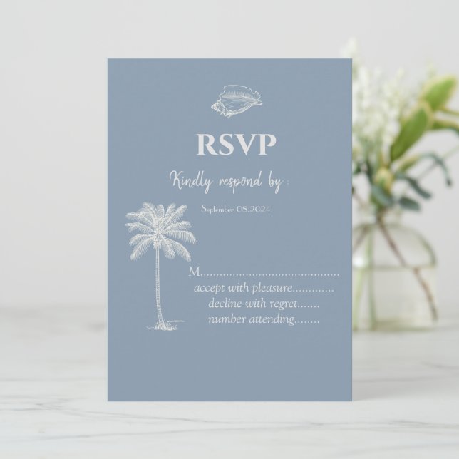 Minimalist Tropical Wedding Dusty Blue RSVP   Invitation (Standing Front)