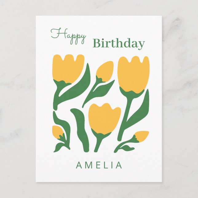 Minimalist Tulip Flower Birthday, Custom Text Postcard (Front)
