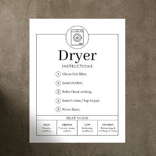 Minimalist Tumble Dryer Instructions Sign Poster