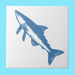 Minimalist Tuna Fish Line Art Blue Outline Coastal Tile