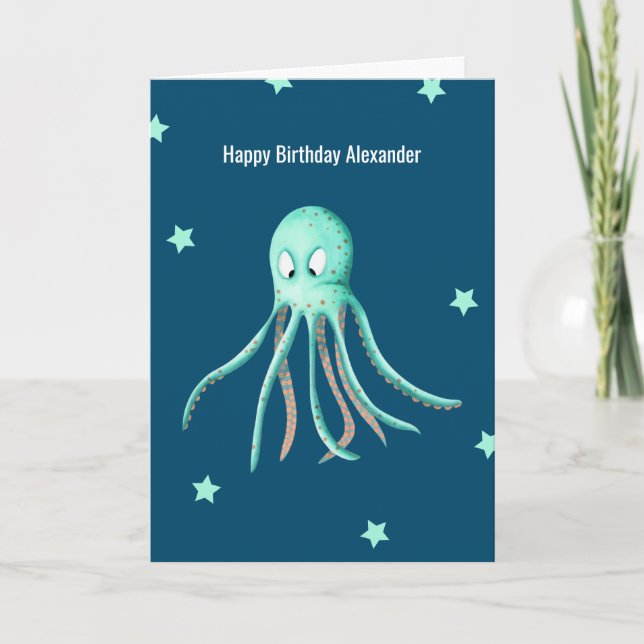 Minimalist Turquoise Octopus Personalized Birthday Card (Front)