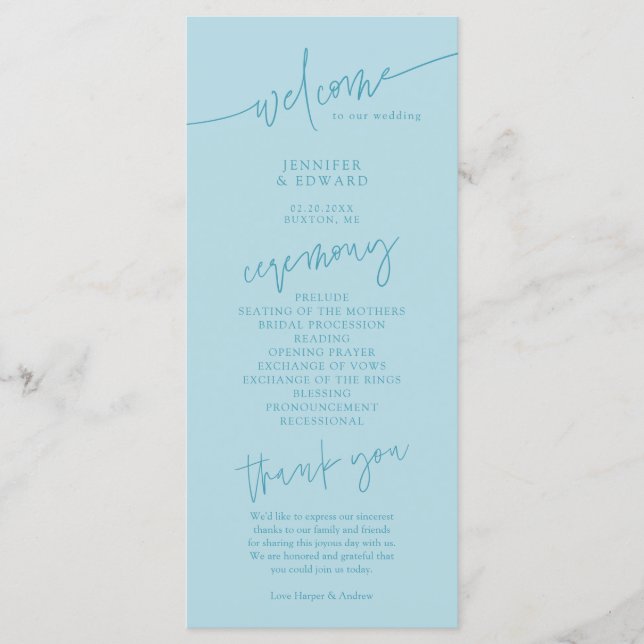 Minimalist Turquoise Wedding Ceremony Program (Front)