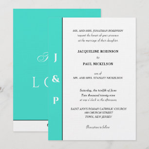 Minimalist Turquoise White Monogram  Invitation