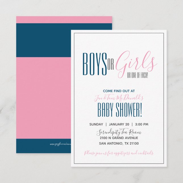 minimalist twin GENDER REVEAL shower NAVY & PINK Invitation (Front/Back)
