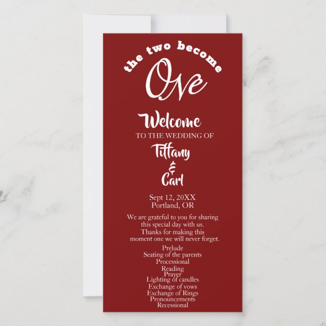 Minimalist Two Become One Burgundy Wedding Program (Front)
