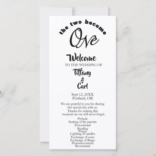 Minimalist Two Become One White Wedding Program (Front)