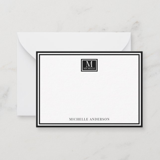 Minimalist Two Boarder Monogram Name Black White Card (Front)