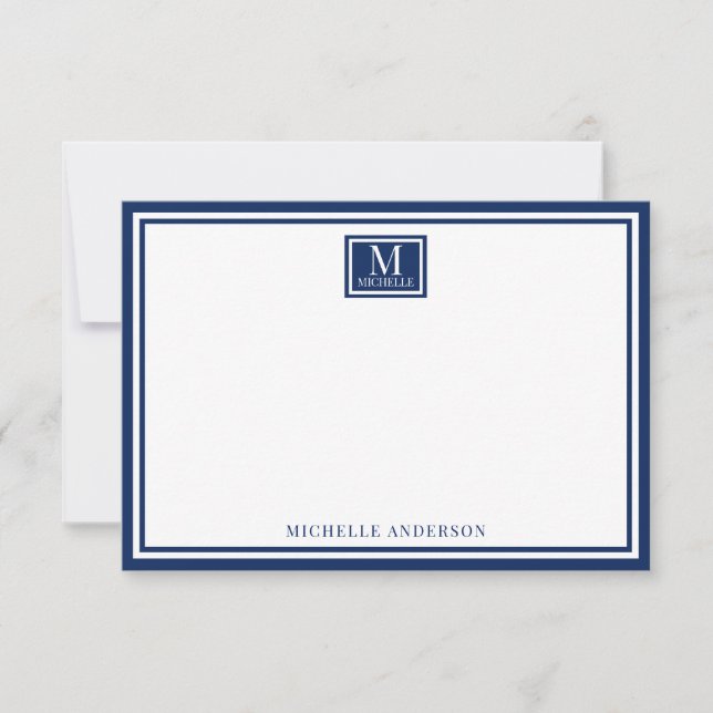 Minimalist Two Boarder Monogram Name Navy Blue Card (Front)