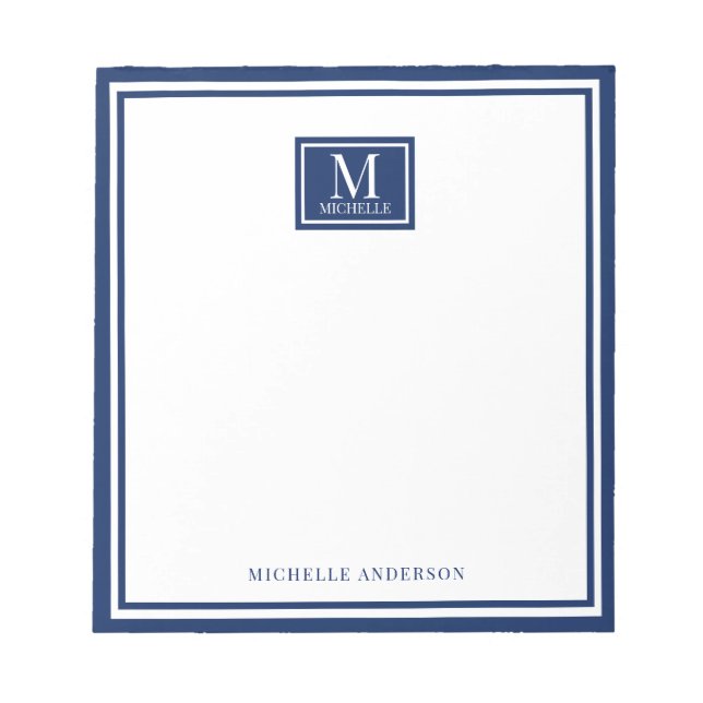 Minimalist Two Boarder Monogram Name Navy Blue Notepad (Front)