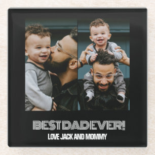 Minimalist Two Photo Collage Best Dad Ever Glass Coaster