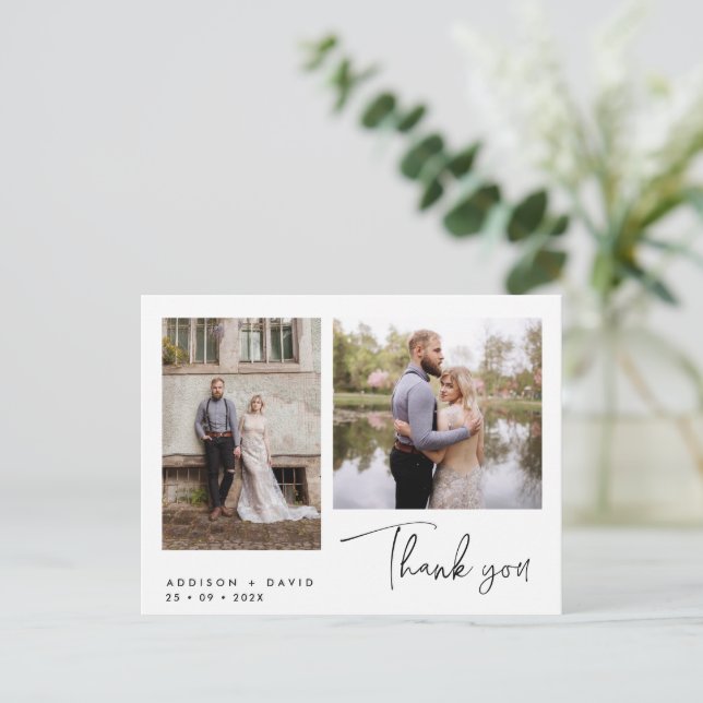 Minimalist Two Photo Script Thank You Postcard (Standing Front)