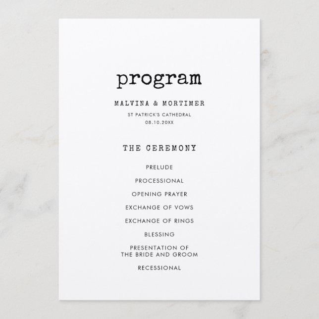Minimalist typewriter double sided wedding program (Front)