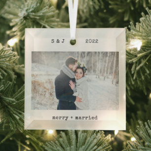Minimalist Typewriter   Merry and Married Photo Glass Ornament