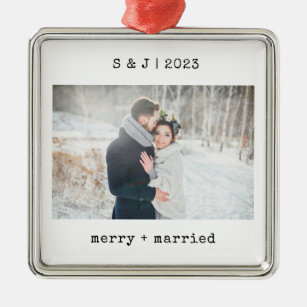 Minimalist Typewriter | Merry and Married Photo Metal Ornament
