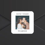 Minimalist Typewriter | Merry Christmas with Photo Square Sticker<br><div class="desc">These simple and minimalist Christmas holiday stickers feature your favourite personal photo, along with your names and the words "merry bright" in black typewriter look text. You can change this to any greeting of your choice.</div>