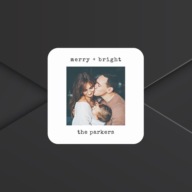 Minimalist Typewriter | Merry Christmas with Photo Square Sticker (A simple and stylish holiday sticker with your photo and black typewriter text)