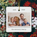 Minimalist Typewriter | Two Photos and Simple Text Ceramic Ornament<br><div class="desc">These simple and minimalist Christmas holiday ornaments feature your favourite personal photo on the front along with your name and the year in black typewriter look text. The back features another of your photos,  lightened with an overlay so that you can add additional text or names right over it.</div>