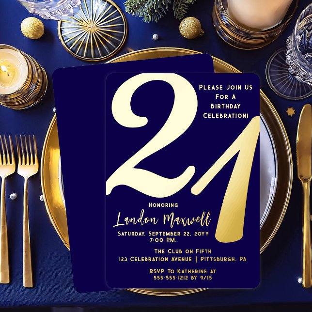 Minimalist Typography 21 21st Birthday Party (Elegant Minimalist Typography "21" 21st Birthday Party Dark Blue and Gold Foil Invitation)