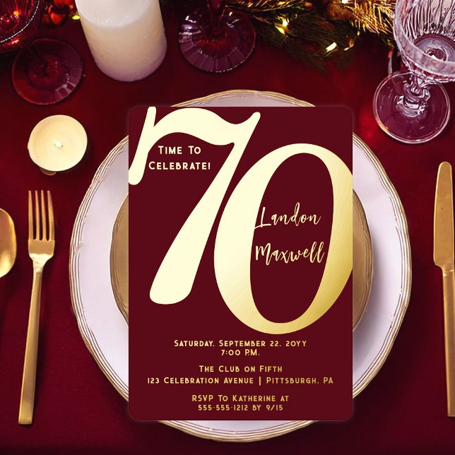 Minimalist Typography 70 70th Birthday Party (Elegant Minimalist Typography "70" 70th Birthday Party Burgundy and Gold Foil Invitation)