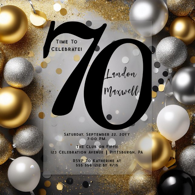 Minimalist Typography 70 70th Birthday Party Acrylic Invitations (Elegant Minimalist Typography "70" 70th Birthday Party Black and Clear Acrylic Invitation)