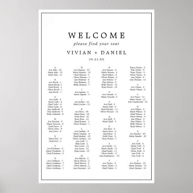 Minimalist Typography Alphabetical Seating Chart (Front)