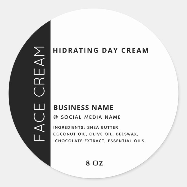 Minimalist typography black white face cream  classic round sticker (Front)