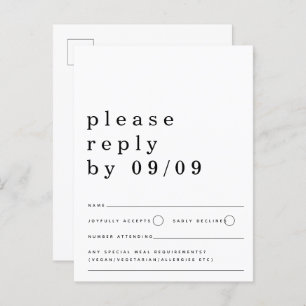 Minimalist Typography Black White Wedding RSVP Postcard