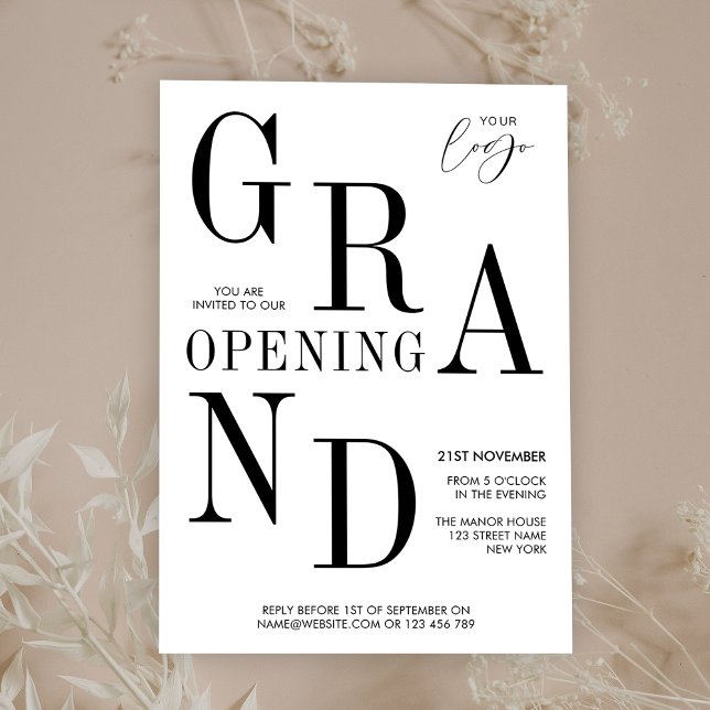 Minimalist Typography Business Grand Opening Event Invitation (Bold typography corporate business opening invitation in black and white)