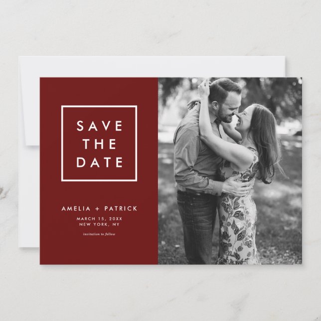 Minimalist Typography Dark Red Photo Save The Date (Front)