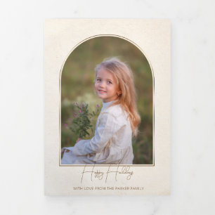 Minimalist Typography Gold Arch Holiday Photo Tri-Fold Card