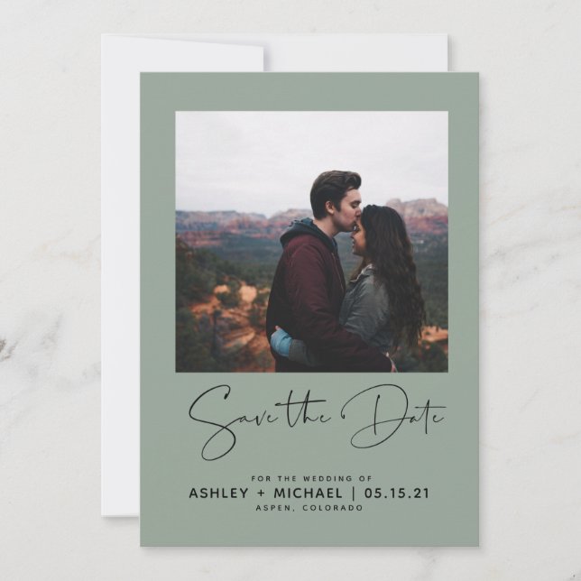 Minimalist Typography Green Photo Save the Date (Front)
