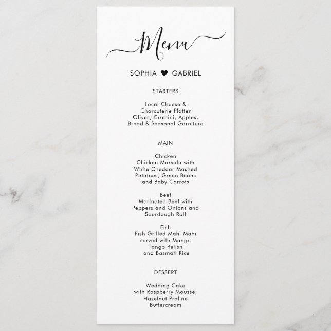 Minimalist Typography Heart Wedding Menu Card (Front)