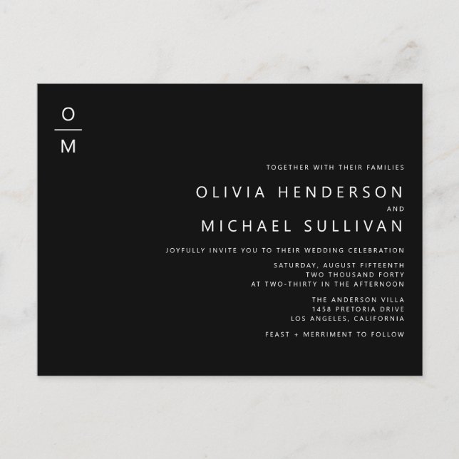 Minimalist Typography Monogram Black Wedding Invitation Postcard (Front)