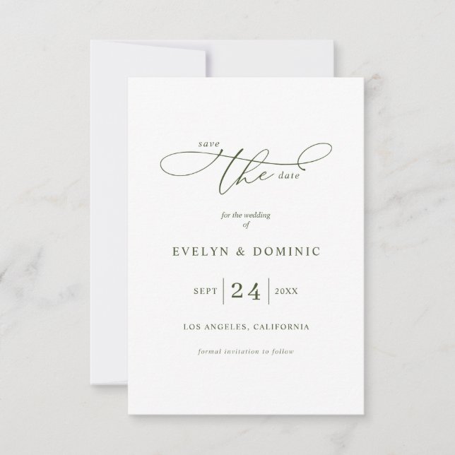 Minimalist Typography Olive Green Wedding  Save The Date (Front)