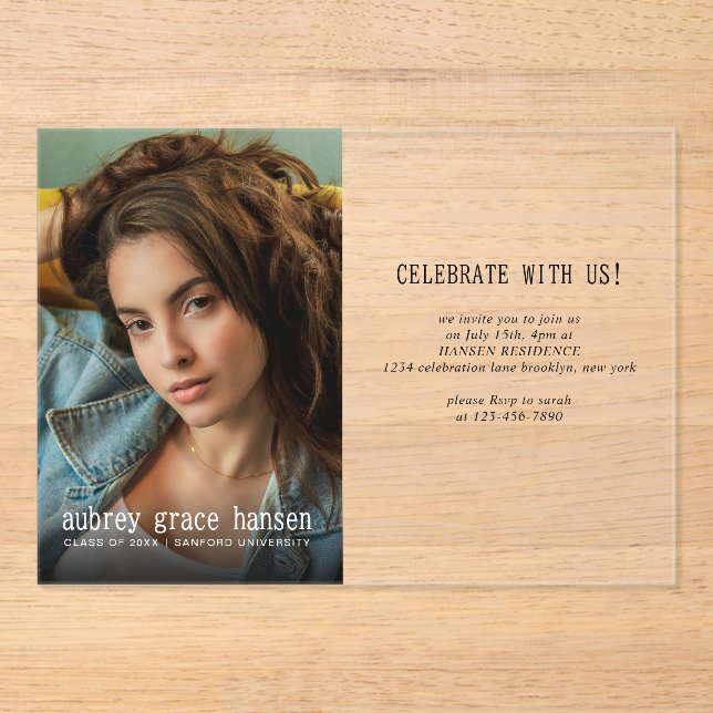 Minimalist Typography Photo Graduation Acrylic Invitations (Front)