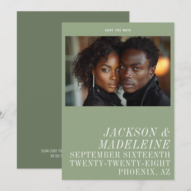 Minimalist Typography Sage Green Photo Wedding Save The Date (Front/Back)