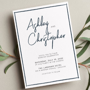 Minimalist Typography Script Indigo Blue Wedding Invitation
