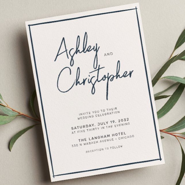 Minimalist Typography Script Indigo Blue Wedding Invitation (Creator Uploaded)