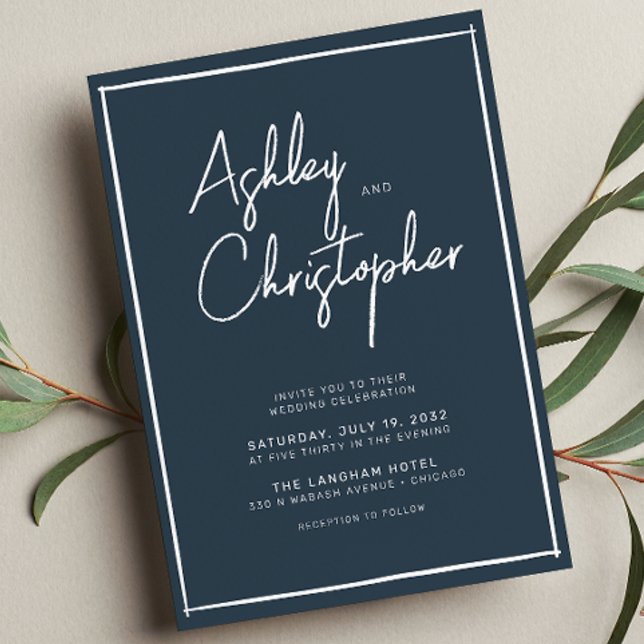 Minimalist Typography Script Indigo Blue Wedding Invitation (Creator Uploaded)
