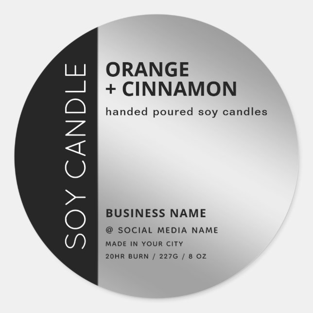 Minimalist typography silver black soy candle classic round sticker (Front)